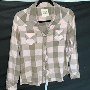 Checkered pink and gray button up shirt.
